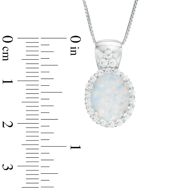 Oval Lab-Created Opal and White Topaz Frame Pendant in Sterling Silver