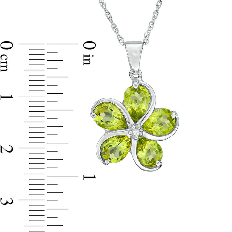 Pear-Shaped Peridot and Natural Diamond Accent Flower Pendant in Sterling Silver