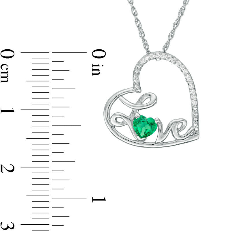 Heart-Shaped Lab-Created Emerald and Diamond Accent Tilted LOVE" Pendant in Sterling Silver"