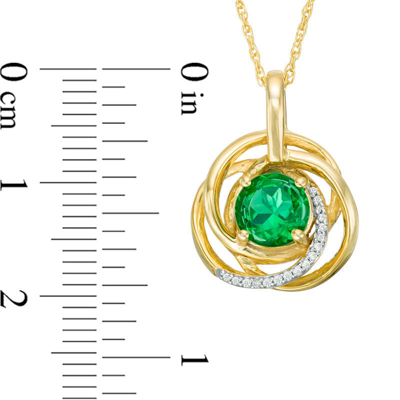 7.0mm Lab-Created Emerald and Diamond Accent Love Knot Pendant in 10K Yellow Gold