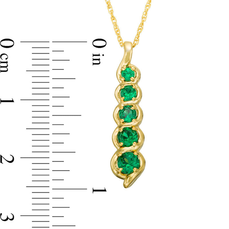 Lab-Created Emerald Cascading Linear Five Stone Pendant in 10K Yellow Gold