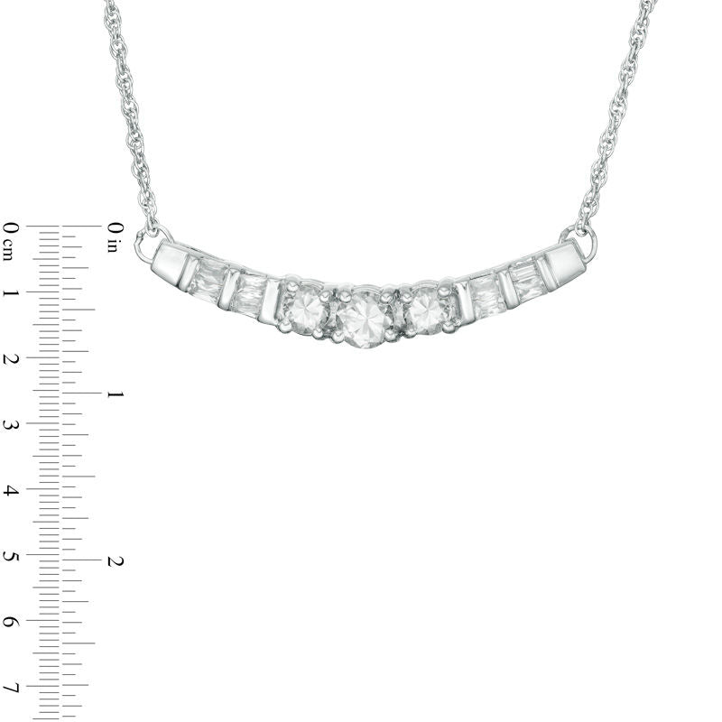 Lab-Created White Sapphire and 0.25 CT. T.W. Baguette Diamond Three Stone Curved Bar Necklace in Sterling Silver - 16.5"