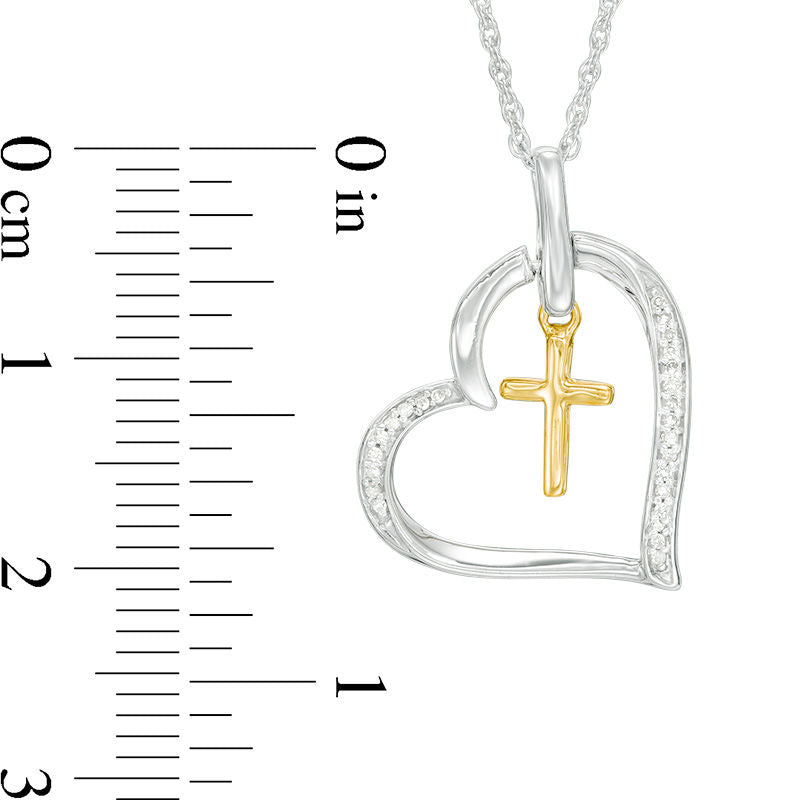 0.05 CT. T.W. Natural Diamond Cross Dangle Heart Pendant in Sterling Silver with 10K Yellow Gold