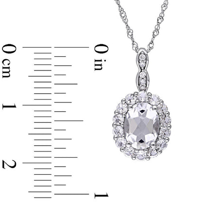 Oval White Topaz and Natural Diamond Accent Frame Pendant in 14K White Gold – 17"