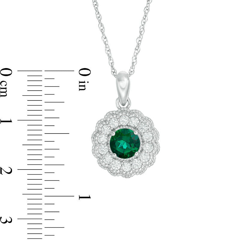 6.0mm Lab-Created Emerald and White Sapphire Flower Pendant in Sterling Silver