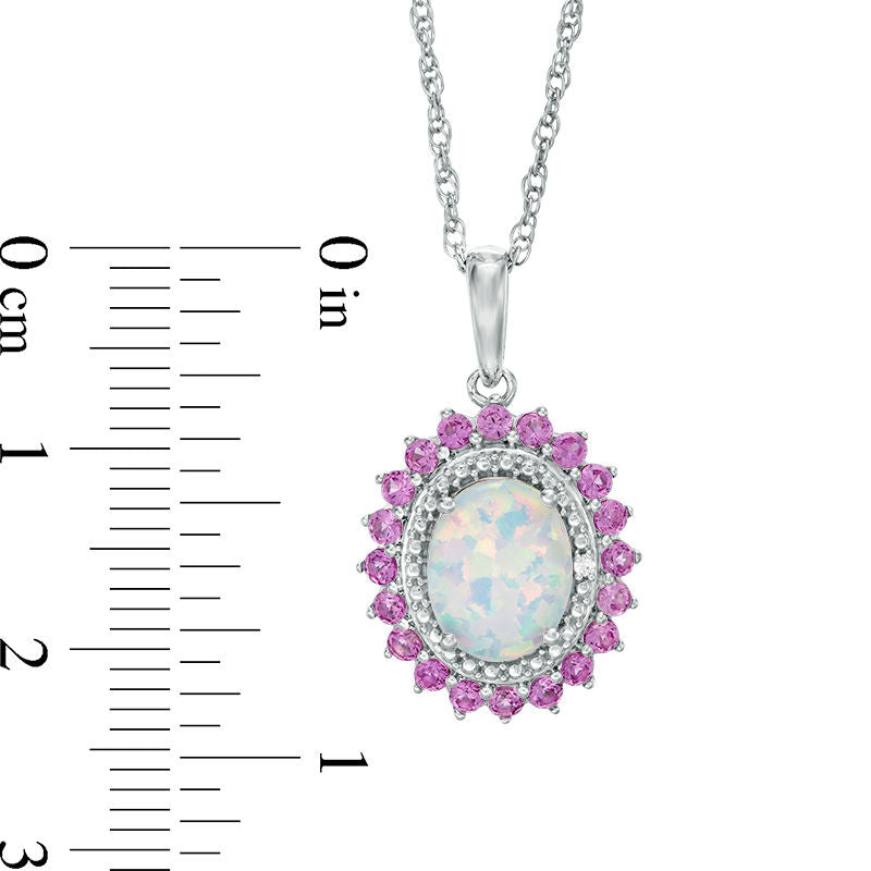 Oval Lab-Created Opal with Pink and White Sapphire Flower Frame Pendant in Sterling Silver