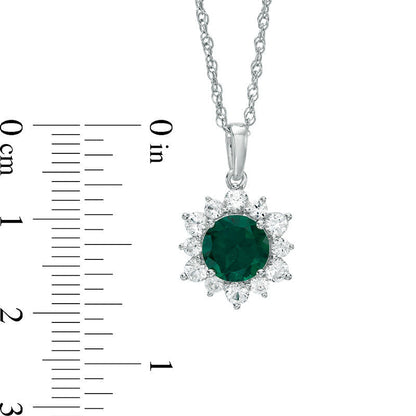 7.0mm Lab-Created Emerald and White Sapphire Sunburst Pendant in Sterling Silver