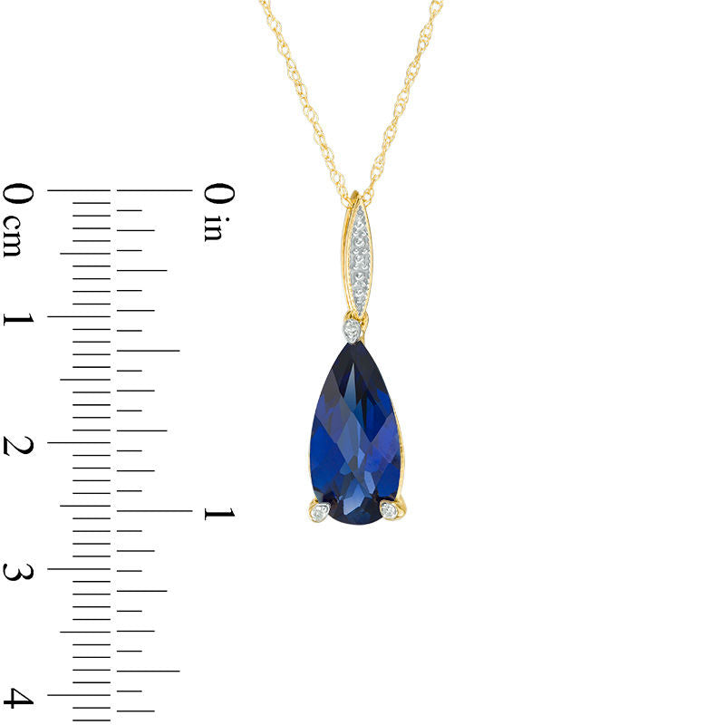 Pear-Shaped Lab-Created Blue Sapphire and Diamond Accent Drop Pendant in 10K Yellow Gold