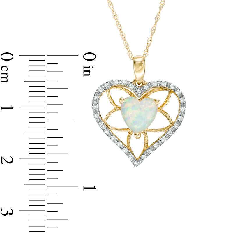 7.0mm Heart-Shaped Lab-Created Opal and 0.13 CT. T.W. Diamond Floral Heart Pendant in 10K Yellow Gold