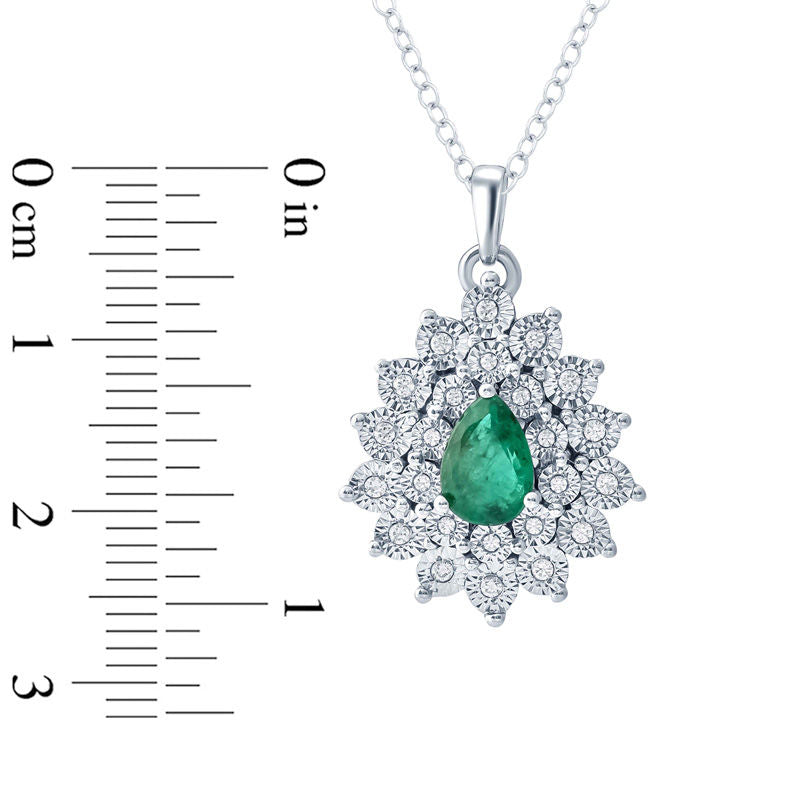 Pear-Shaped Lab-Created Emerald and 0.1 CT. T.W. Diamond Starburst Frame Pendant in Sterling Silver