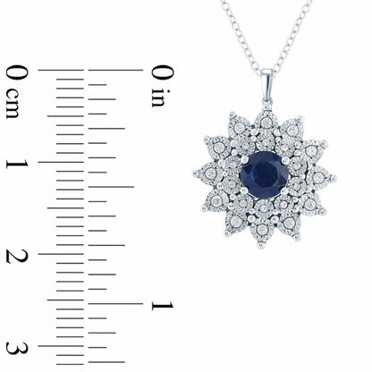 5.0mm Lab-Created Blue Sapphire and Diamond Accent Starburst Frame Pendant in Sterling Silver