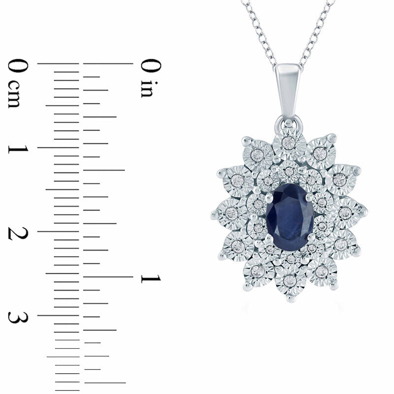 Oval Lab-Created Blue Sapphire and Diamond Accent Starburst Frame Pendant in Sterling Silver