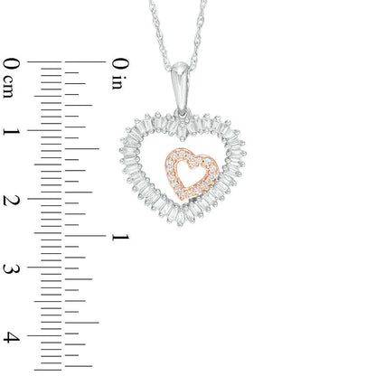0.2 CT. T.W. Baguette and Round Natural Diamond Double Heart Pendant in 10K White Gold and 18K Rose Gold Plate