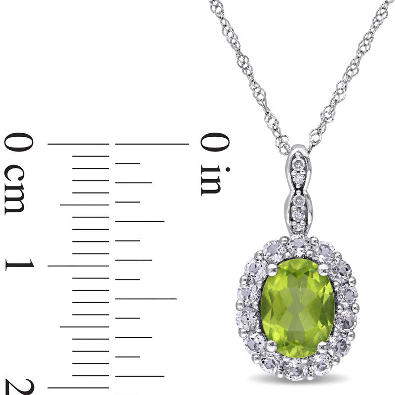 Oval Peridot, White Topaz and Natural Diamond Accent Frame Pendant in 14K White Gold - 17"