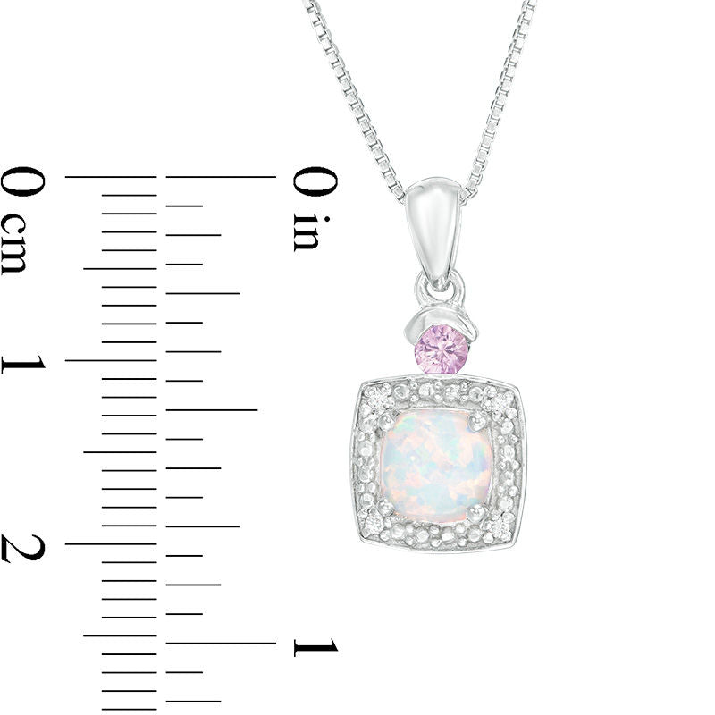 6.0mm Cushion-Cut Lab-Created Opal, Pink Sapphire and Diamond Accent Frame Pendant in Sterling Silver