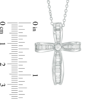0.38 CT. T.W. Baguette and Round Natural Diamond Cross Pendant in 14K White Gold