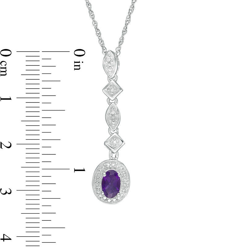 Oval Amethyst and Natural Diamond Accent Geometric Drop Pendant in Sterling Silver