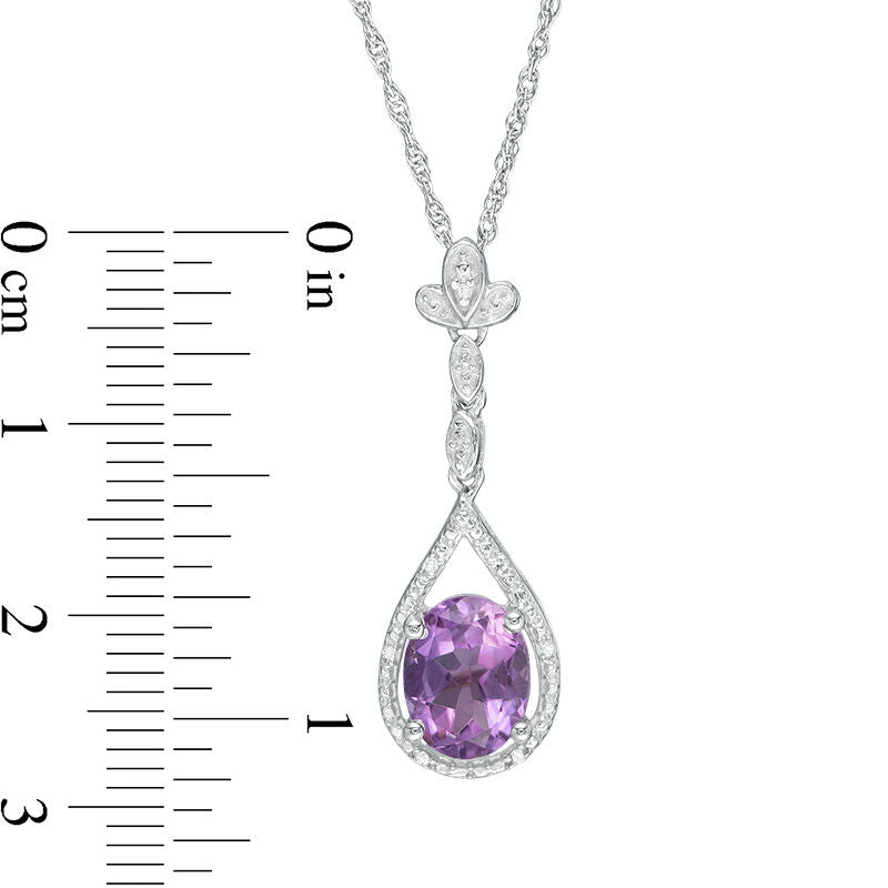 Oval Amethyst and Natural Diamond Accent Pear-Shaped Drop Pendant in Sterling Silver