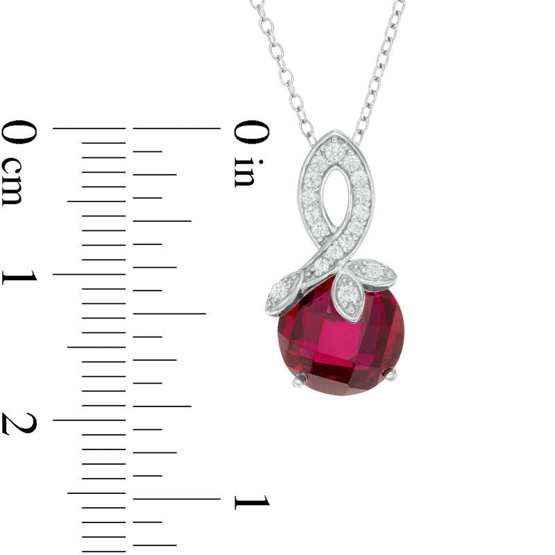10.0mm Checkerboard Lab-Created Ruby and White Sapphire Flower Pendant in Sterling Silver