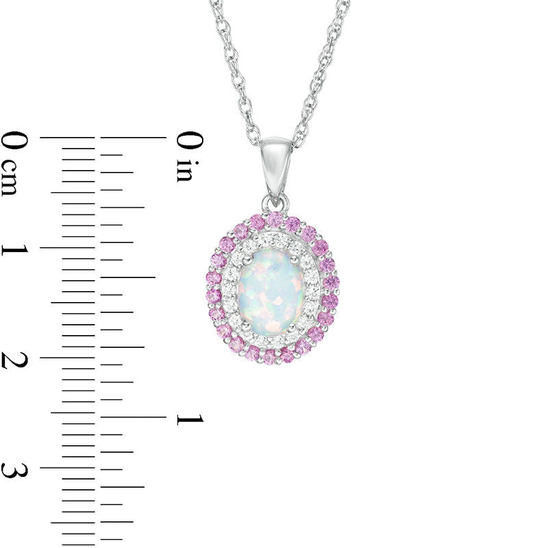 Oval Lab-Created Opal with Pink and White Sapphire Double Frame Pendant in Sterling Silver
