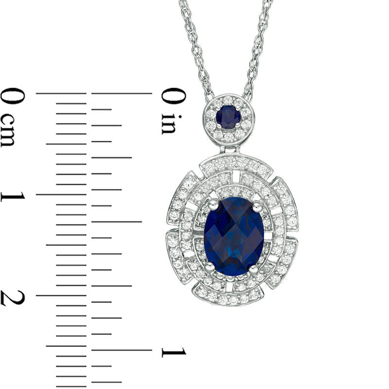 Oval Lab-Created Blue and White Sapphire Aztec Inspired Frame Drop Pendant in Sterling Silver