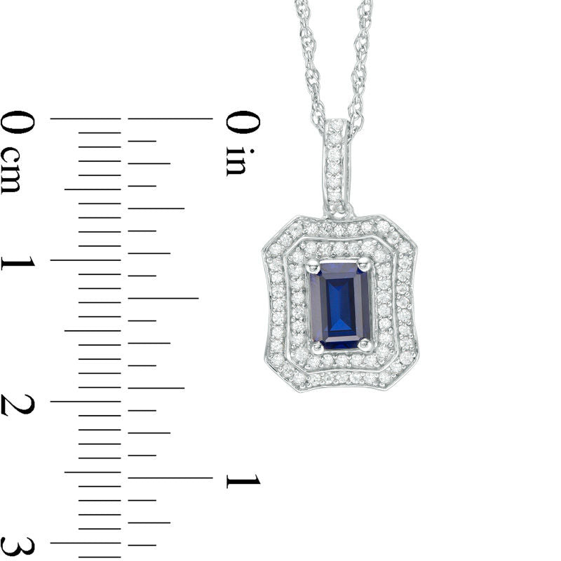Emerald-Cut Lab-Created Blue and White Sapphire Double Frame Antique Vintage-Style Pendant in Sterling Silver