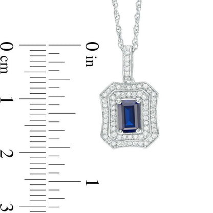 Emerald-Cut Lab-Created Blue and White Sapphire Double Frame Antique Vintage-Style Pendant in Sterling Silver