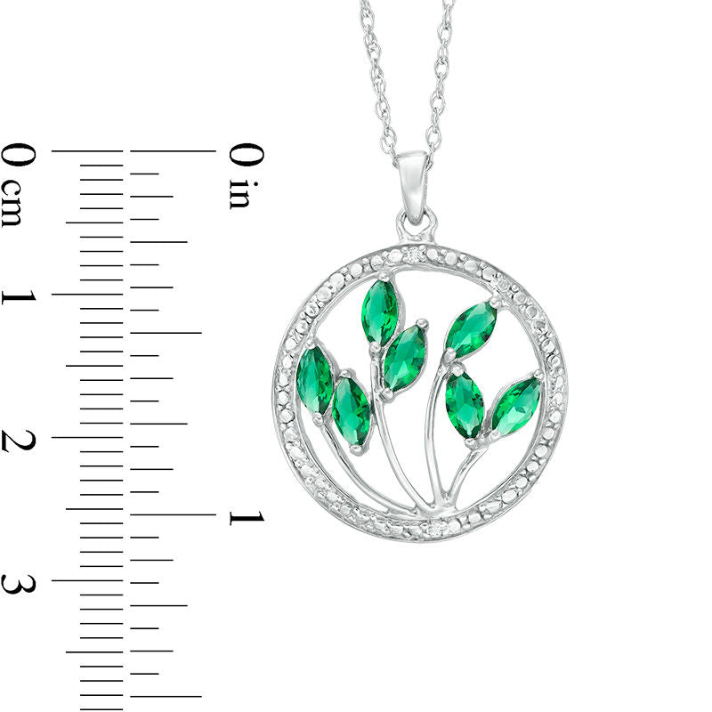 Marquise Lab-Created Emerald and Diamond Accent Beaded Circle Frame Leaf Pendant in Sterling Silver