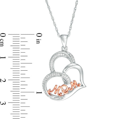 0.1 CT. T.W. Natural Diamond MOM" Tilted Heart Pendant in Sterling Silver with 14K Rose Gold Plate"