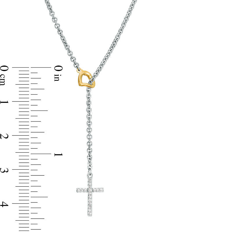 0.05 CT. T.W. Natural Diamond Cross with Heart Y" Necklace in Sterling Silver and 10K Yellow Gold"
