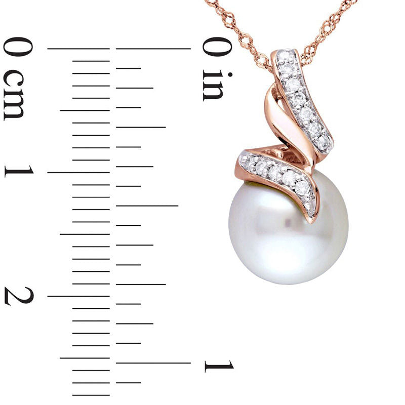9.5 - 10.0mm Cultured Freshwater Pearl and 0.1 CT. T.W. Natural Diamond Cascading Ribbon Pendant in 10K Rose Gold - 17"