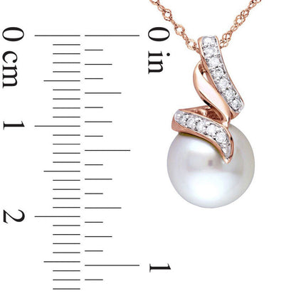9.5 - 10.0mm Cultured Freshwater Pearl and 0.1 CT. T.W. Natural Diamond Cascading Ribbon Pendant in 10K Rose Gold - 17"