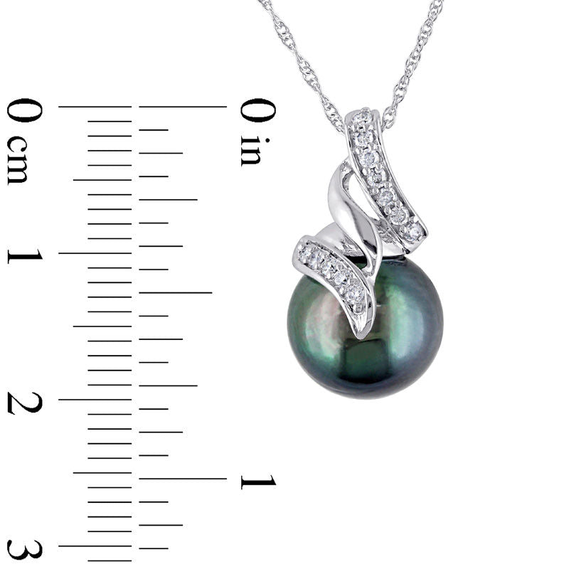9.5 - 10.0mm Black Cultured Tahitian Pearl and 0.1 CT. T.W. Natural Diamond Cascading Ribbon Pendant in 10K White Gold - 17"