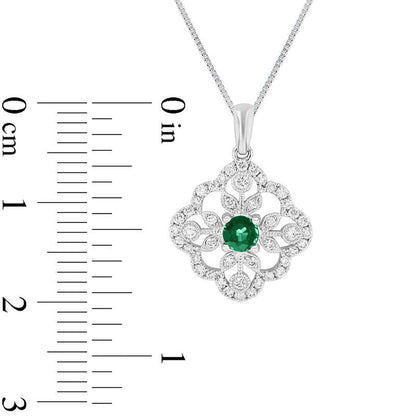 Emerald and 0.33 CT. T.W. Natural Diamond Ornate Floral Pendant in 14K White Gold