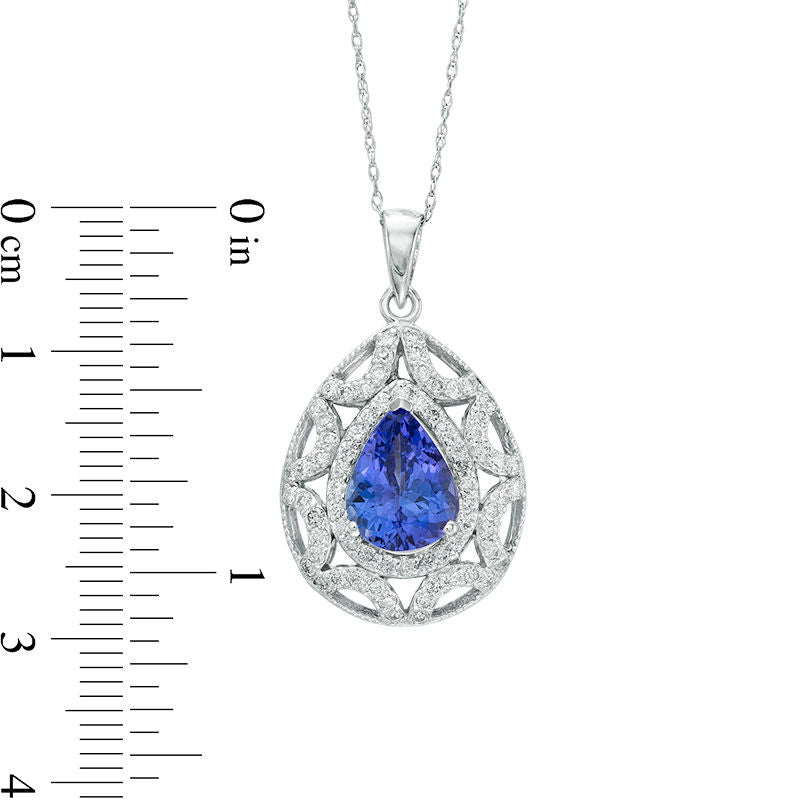 Pear-Shaped Tanzanite and 0.75 CT. T.W. Natural Diamond Frame Antique Vintage-Inspired Pendant in 14K White Gold