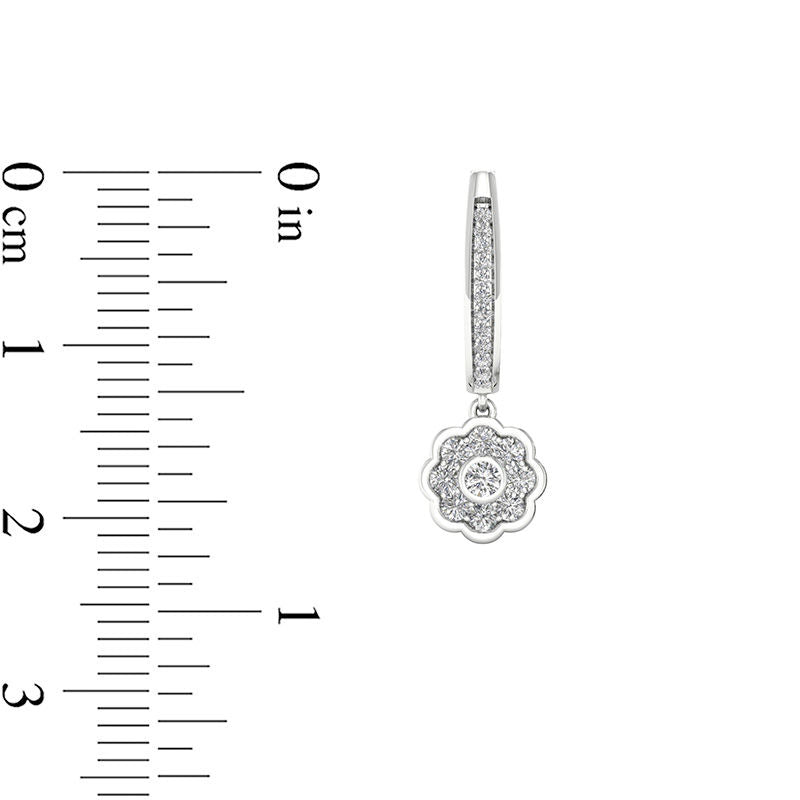 0.5 CT. T.W. Diamond Flower Frame Drop Hoop Earrings in 10K White Gold