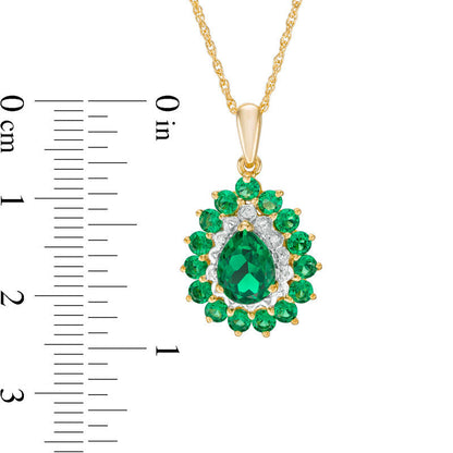 Pear-Shaped Lab-Created Emerald and Diamond Accent Bead Double Frame Pendant in 10K Yellow Gold