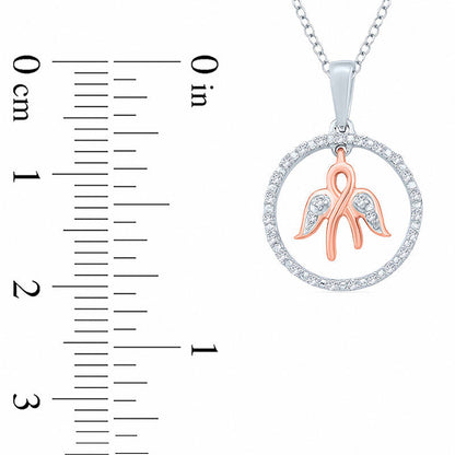 0.05 CT. T.W. Natural Diamond Ribbon with Angel Wings Dangle and Circle Pendant in Sterling Silver with 14K Rose Gold Plate