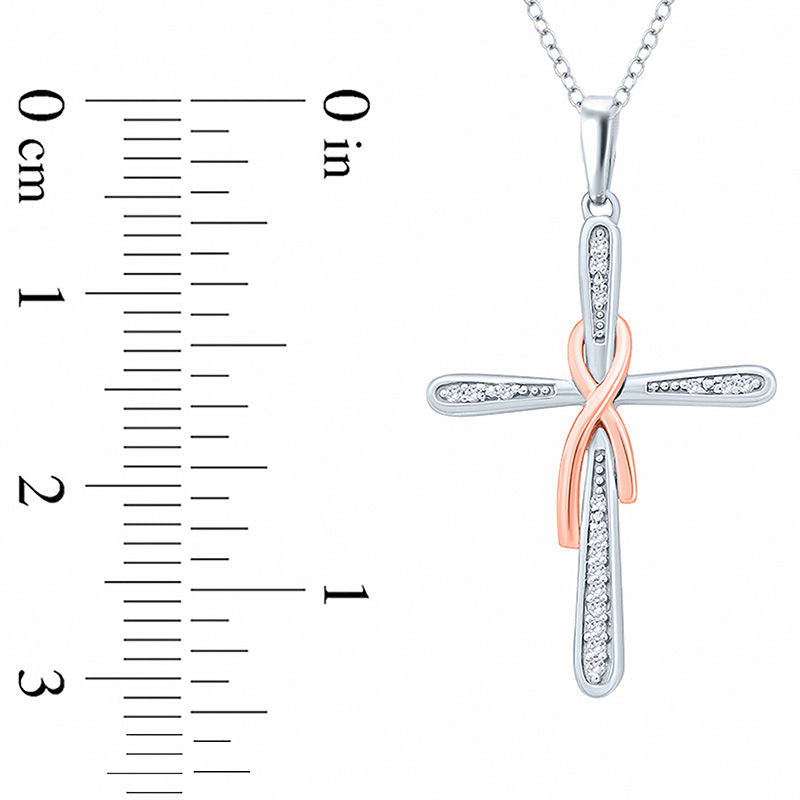 0.05 CT. T.W. Natural Diamond Awareness Ribbon and Cross Pendant in Sterling Silver with 14K Rose Gold Plate
