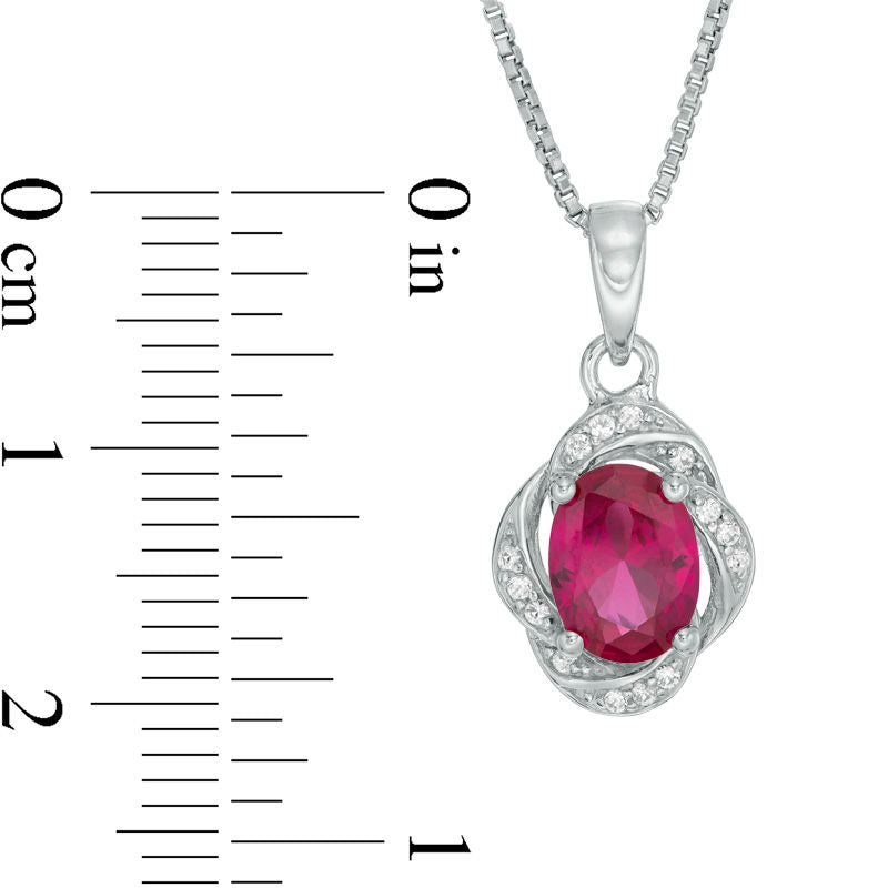 Oval Lab-Created Ruby and White Sapphire Swirl Frame Drop Pendant in Sterling Silver