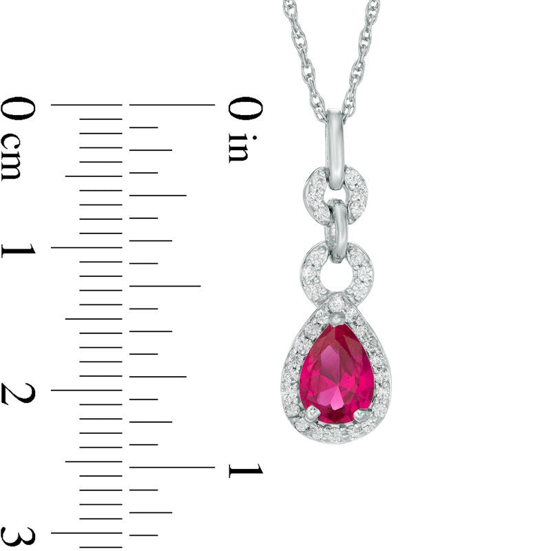 Pear-Shaped Lab-Created Ruby and 0.1 CT. T.W. Diamond Beaded Double Drop Pendant in Sterling Silver