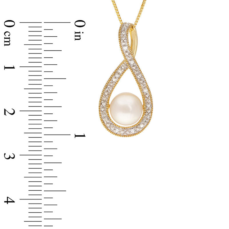 7.0 - 7.5mm Button Cultured Freshwater Pearl and Natural Diamond Accent Twist Antique Vintage-Style Pendant in 14K Gold