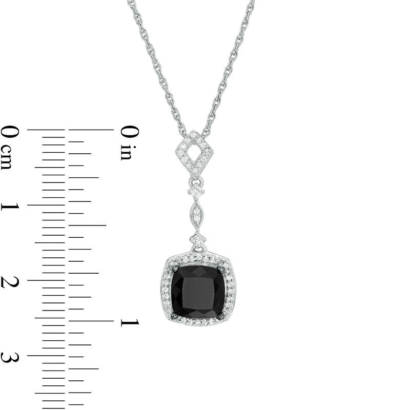 Cushion-Cut Lab-Created Black Sapphire and 0.1 CT. T.W. Diamond Frame Antique Vintage-Style Drop Pendant in Sterling Silver