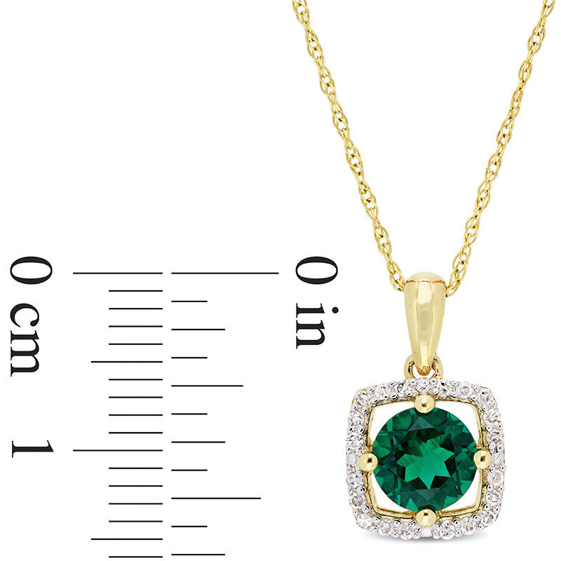 6.0mm Lab-Created Emerald and 0.1 CT. T.W. Diamond Cushion Frame Pendant in 10K Yellow Gold - 17"