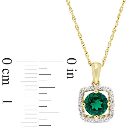 6.0mm Lab-Created Emerald and 0.1 CT. T.W. Diamond Cushion Frame Pendant in 10K Yellow Gold - 17"