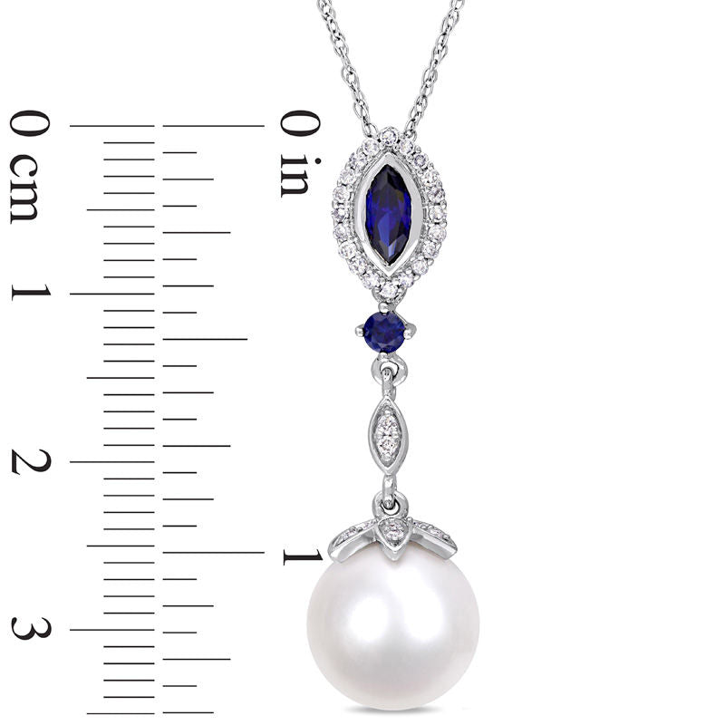 Cultured Freshwater Pearl, Lab-Created Blue Sapphire and 0.13 CT. T.W. Diamond Drop Pendant in 10K White Gold - 17"