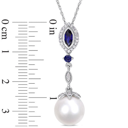 Cultured Freshwater Pearl, Lab-Created Blue Sapphire and 0.13 CT. T.W. Diamond Drop Pendant in 10K White Gold - 17"