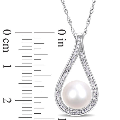 9.0 - 9.5mm Cultured Freshwater Pearl and 0.2 CT. T.W. Natural Diamond Open Teardrop Frame Pendant in 14K White Gold - 17"
