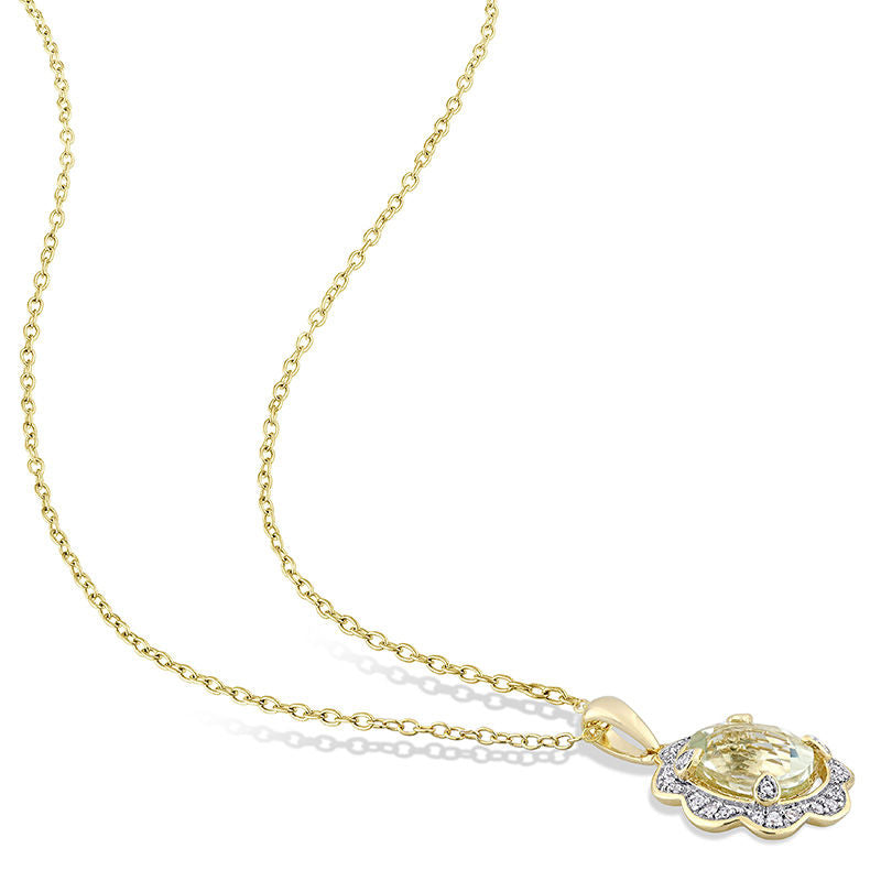 Oval Green Quartz and 0.1 CT. T.W. Natural Diamond Scallop Frame Pendant in Sterling Silver with Yellow Rhodium