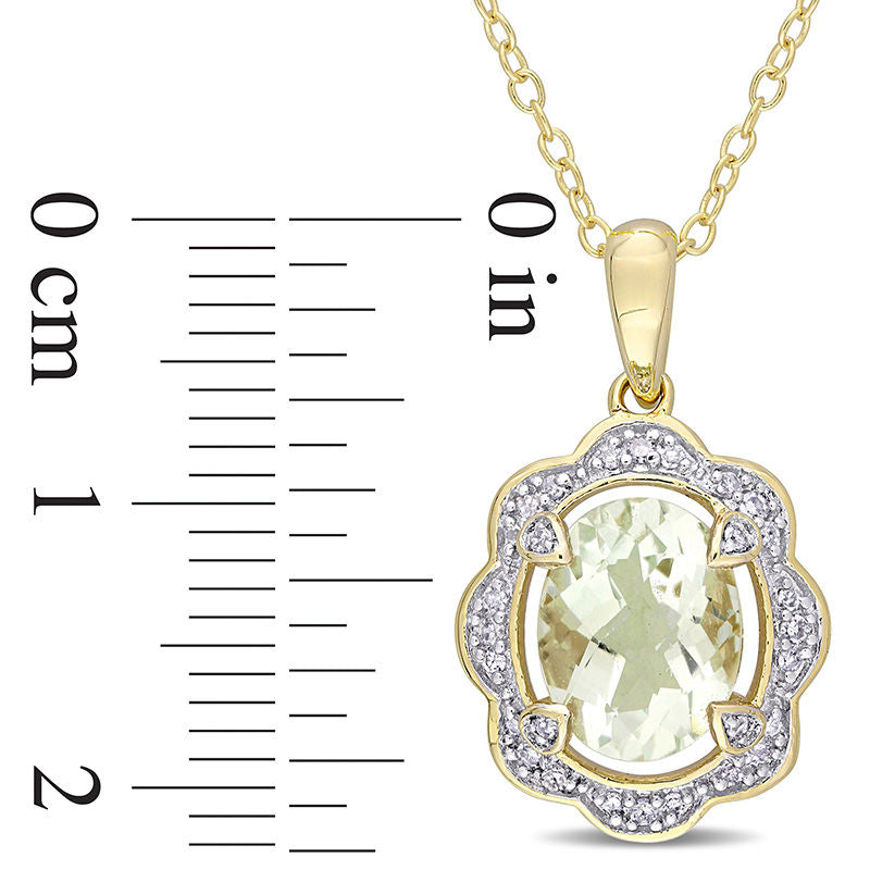 Oval Green Quartz and 0.1 CT. T.W. Natural Diamond Scallop Frame Pendant in Sterling Silver with Yellow Rhodium